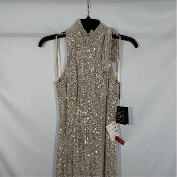 NEW $398 IEENA Mac Duggal [ 0 ] Sequin Bow Halter Neck‎ Column Gown Silver - Picture 5 of 15